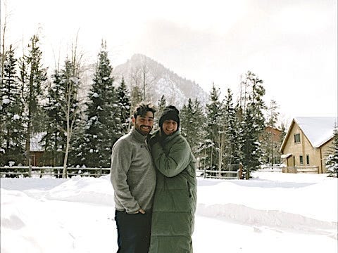 The author and her husband in the snow.