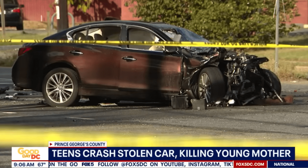 The destroyed car the 30-year-old mother was driving when the stolen car crashed into her on Aug. 26, 2025.