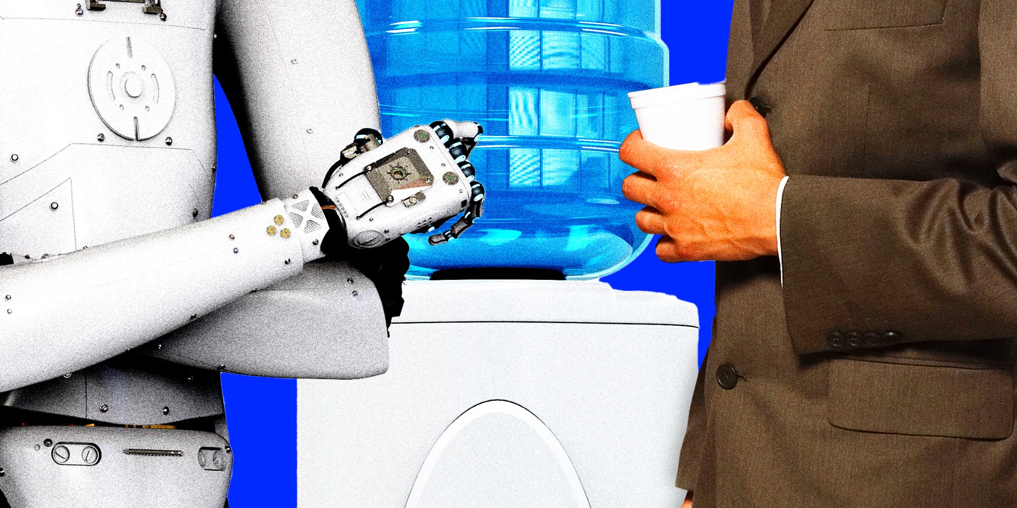 A robot and a employee conversing in front of a water cooler