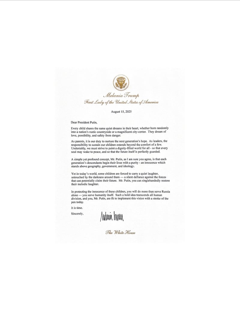 Melania Trump's letter to Vladimir Putin