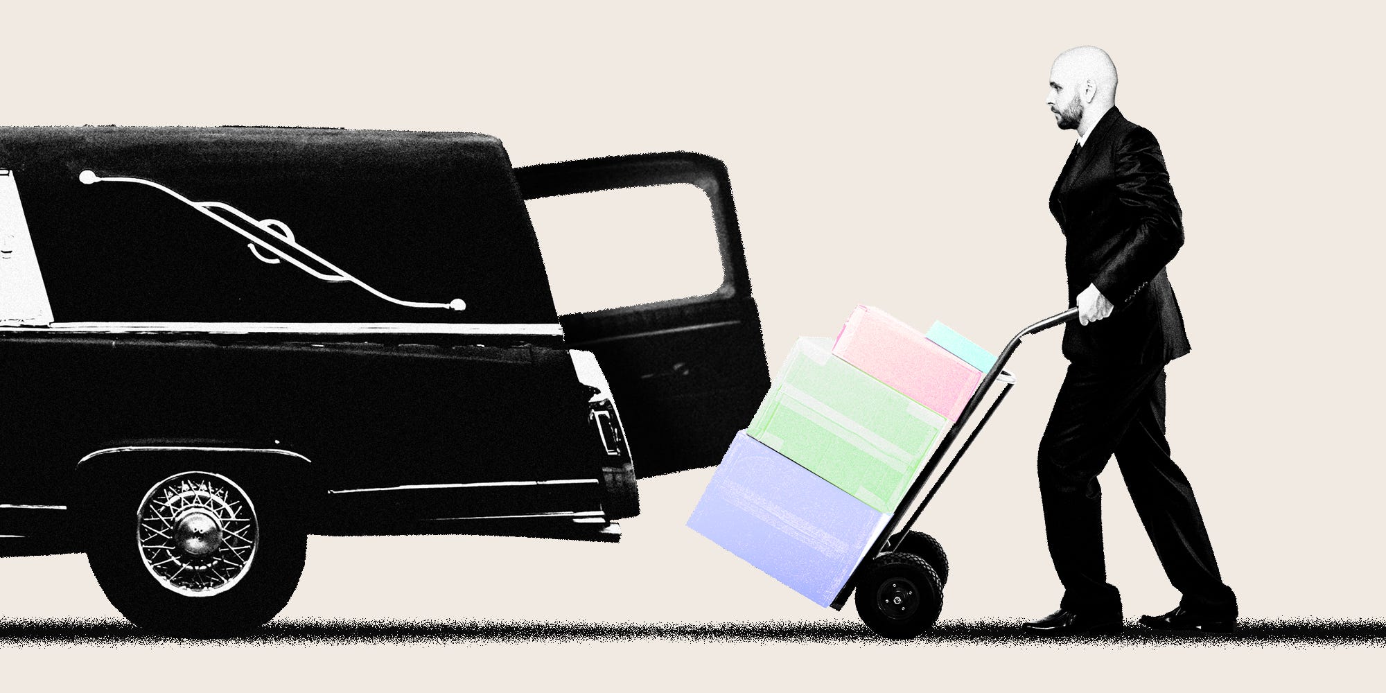 A person pushing a dolly of millennial pastel colored boxes towards a hearse
