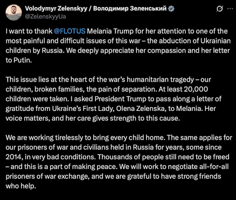President Zelensky praises Melania Trump on his X account.