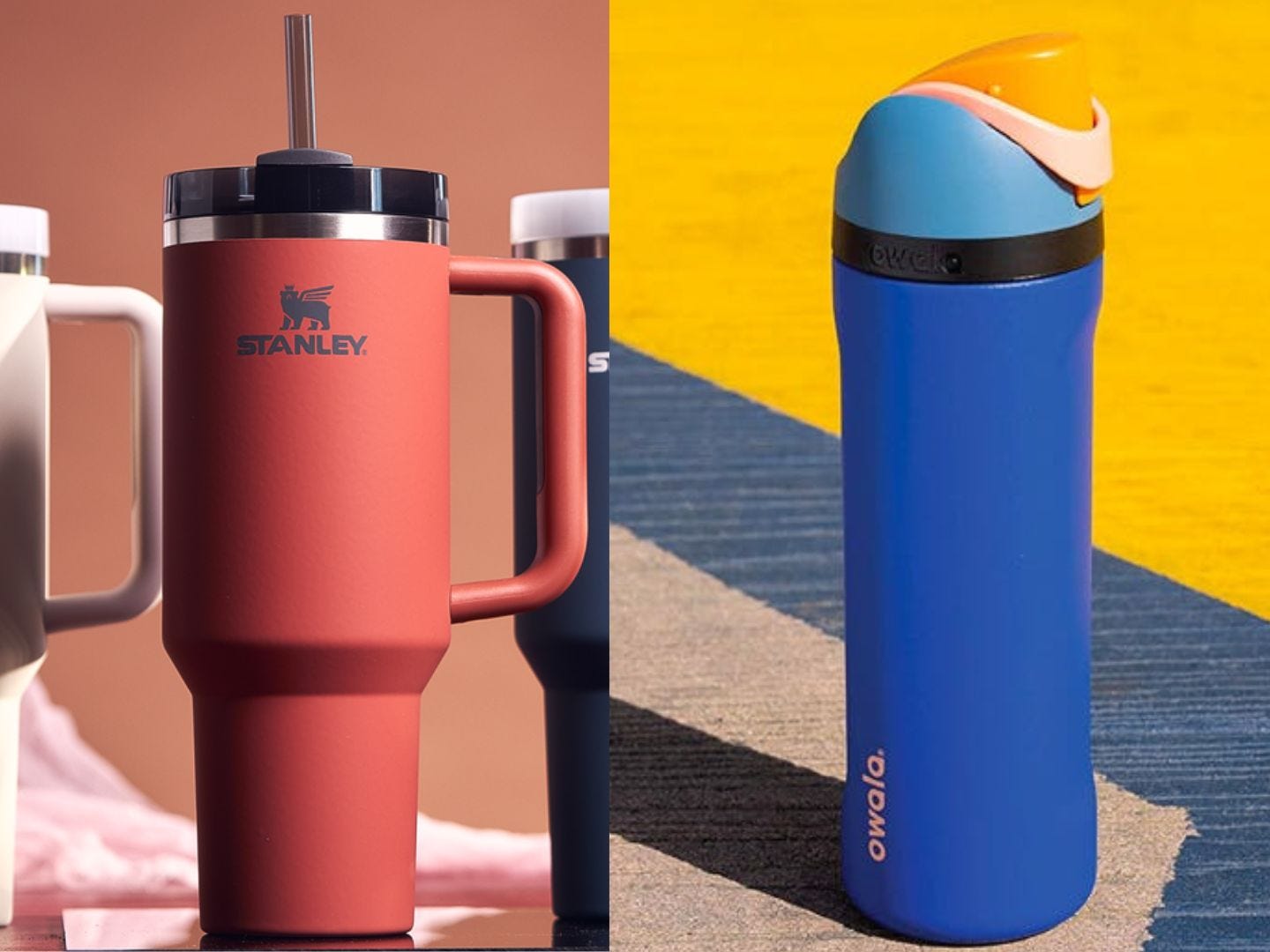 A side-by-side of a Stanley Cup and an Owala water bottle.