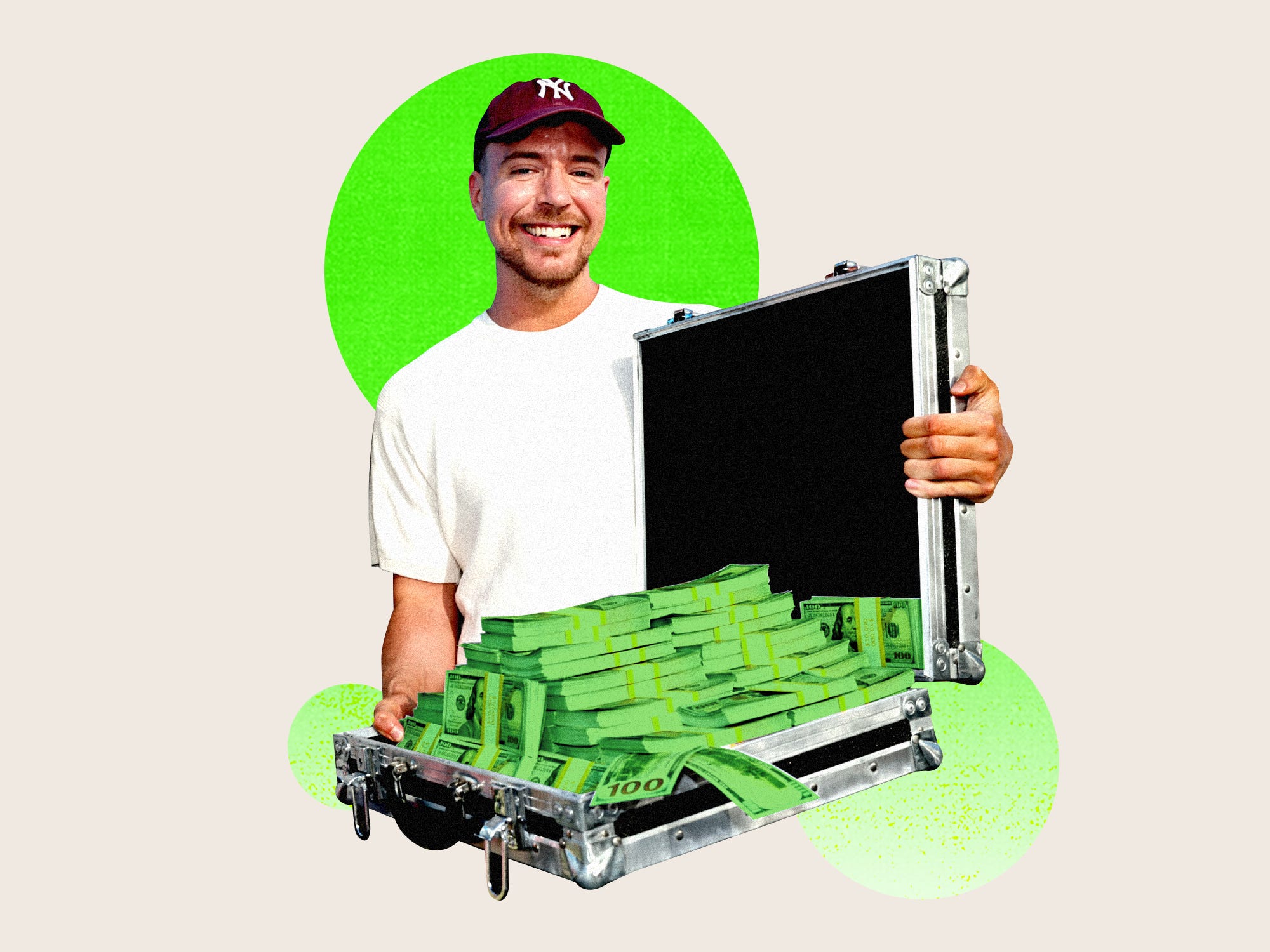 Jimmy "MrBeast" Donaldson holding a briefcase full of cash.