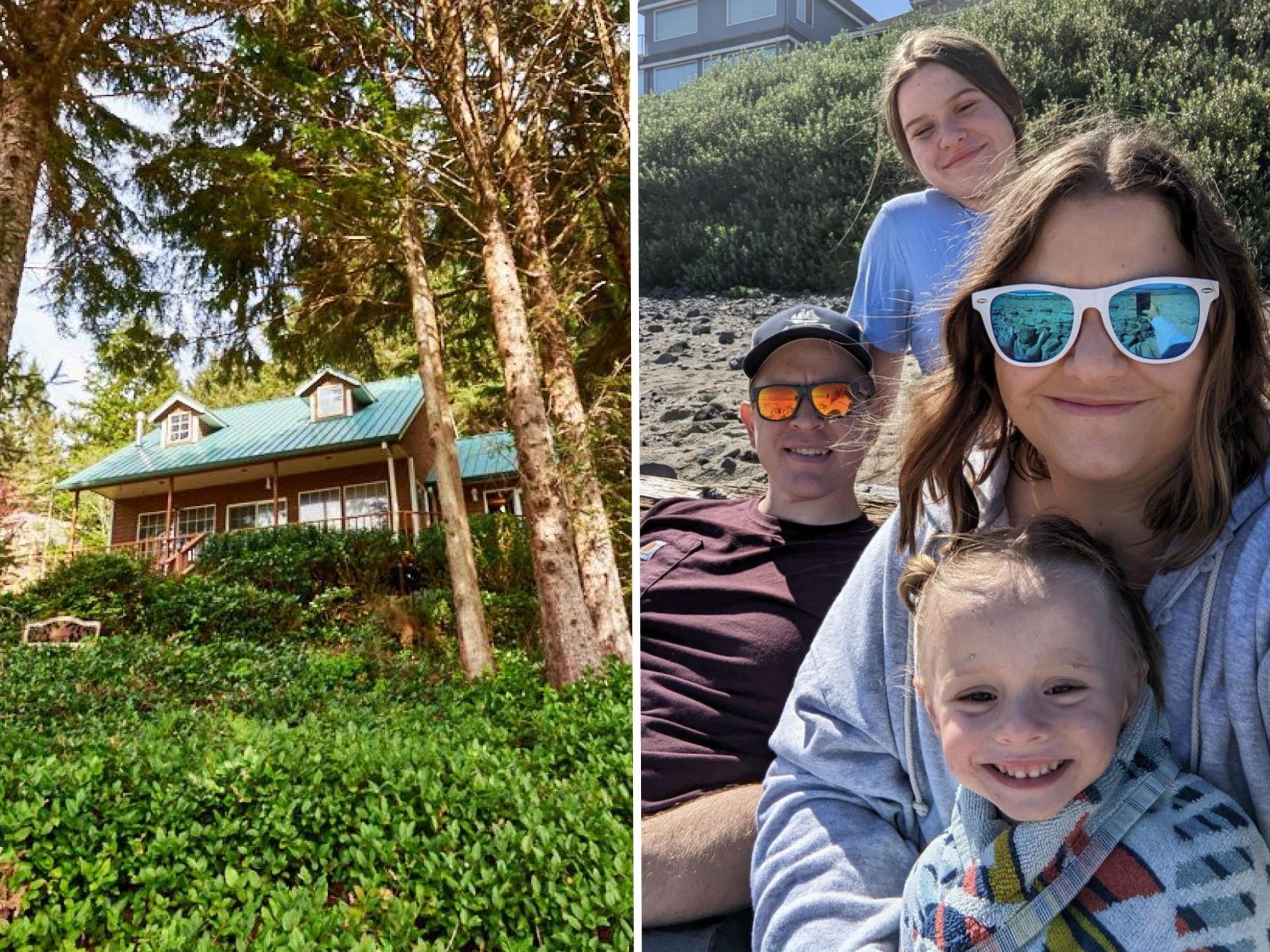 A composite image of a home on a hill surrounded by trees, and Holly, her husband, and two daughters sitting on a beach.