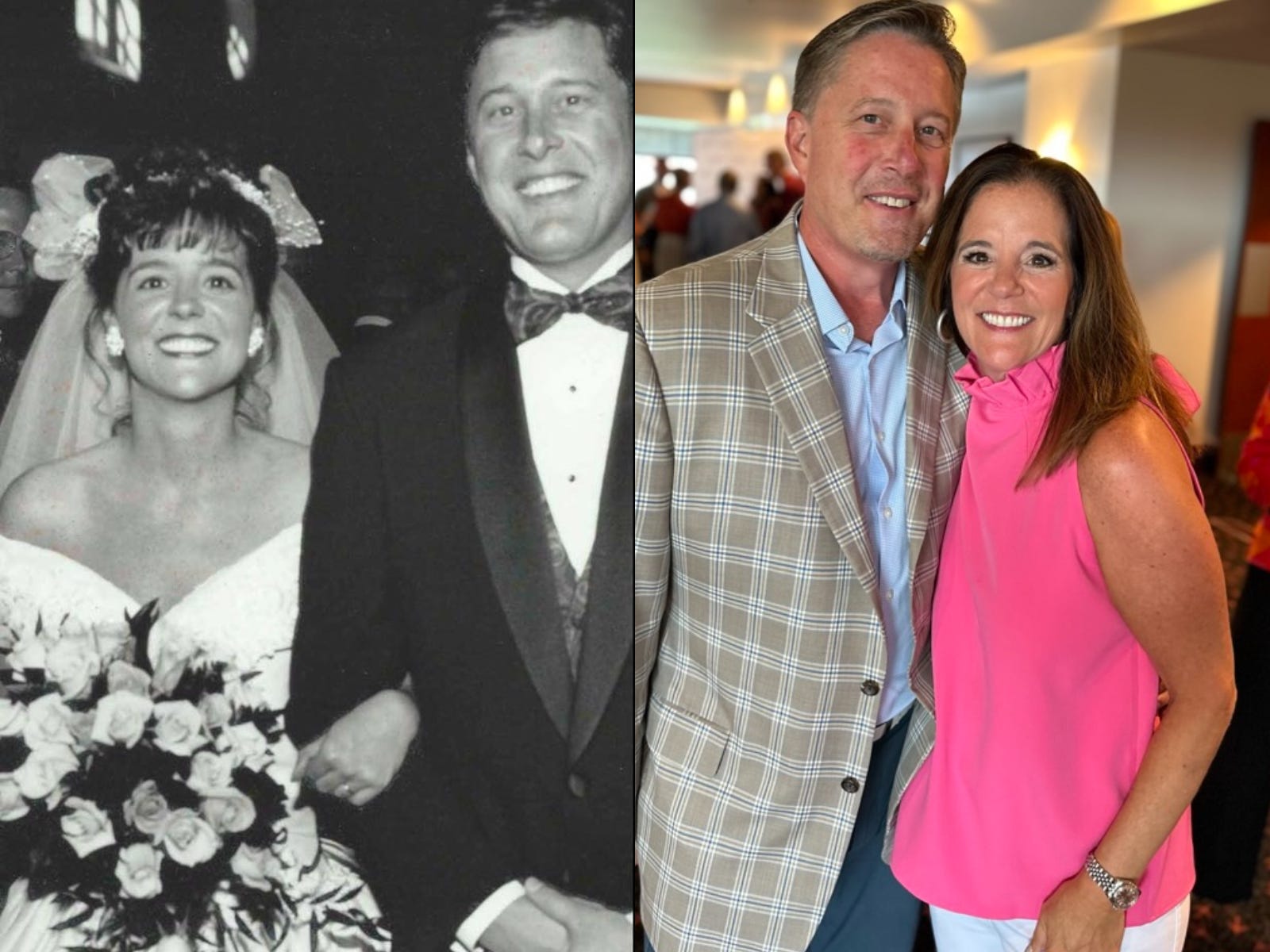 Christina Daves and her husband on their wedding day next to the couple decades later