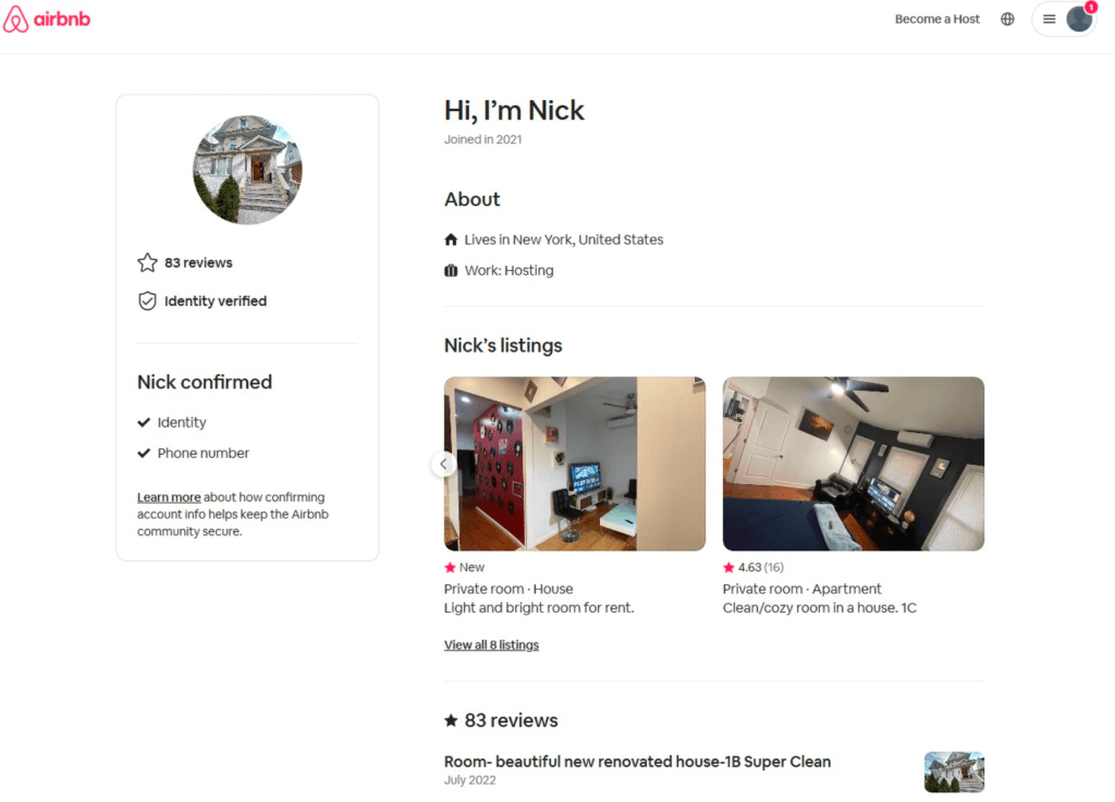 Airbnb profile for Nick, showing his listings and verification.