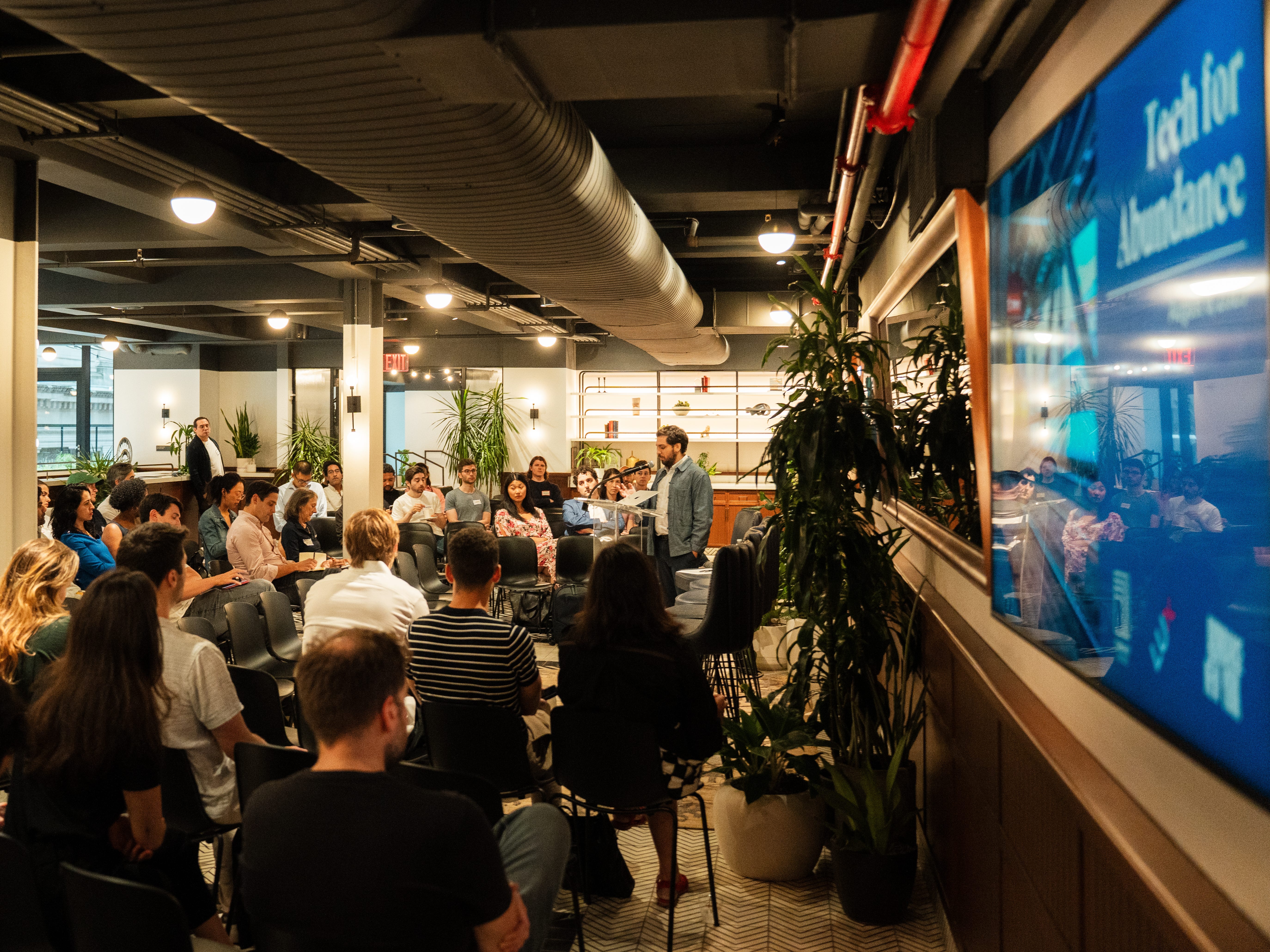 Laurence Pevsner, a research partner at Lux Capital, speaks at the firm's Tech For Abundance event in Manhattan on August 6.