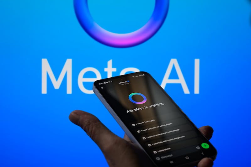 The WhatsApp bot is displayed on a mobile phone with the Meta icon