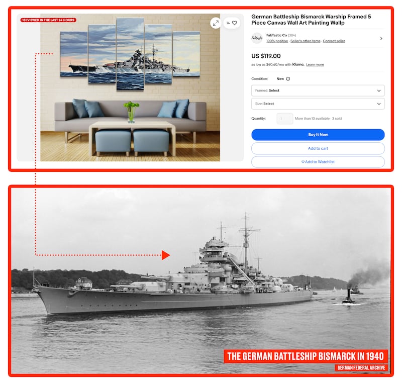 Composite showing a mural of the German Battleship Bismarck in 1940 available for purchase on EBay compared to a photo showing the The German Battleship Bismarck in 1940