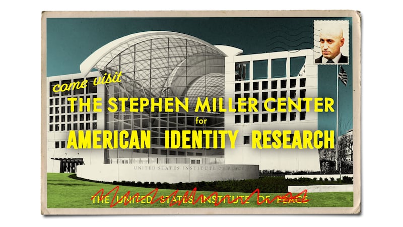 Vintage inspired postcard of the US Institute of Peace having been renamed "The Stephen Miller Center for American Identity Research"