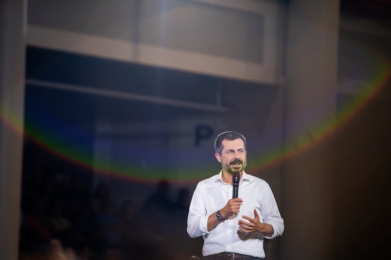 Pete Buttigieg speaks at a town hall in Cedar Rapids, Iowa on May 13, 2025.