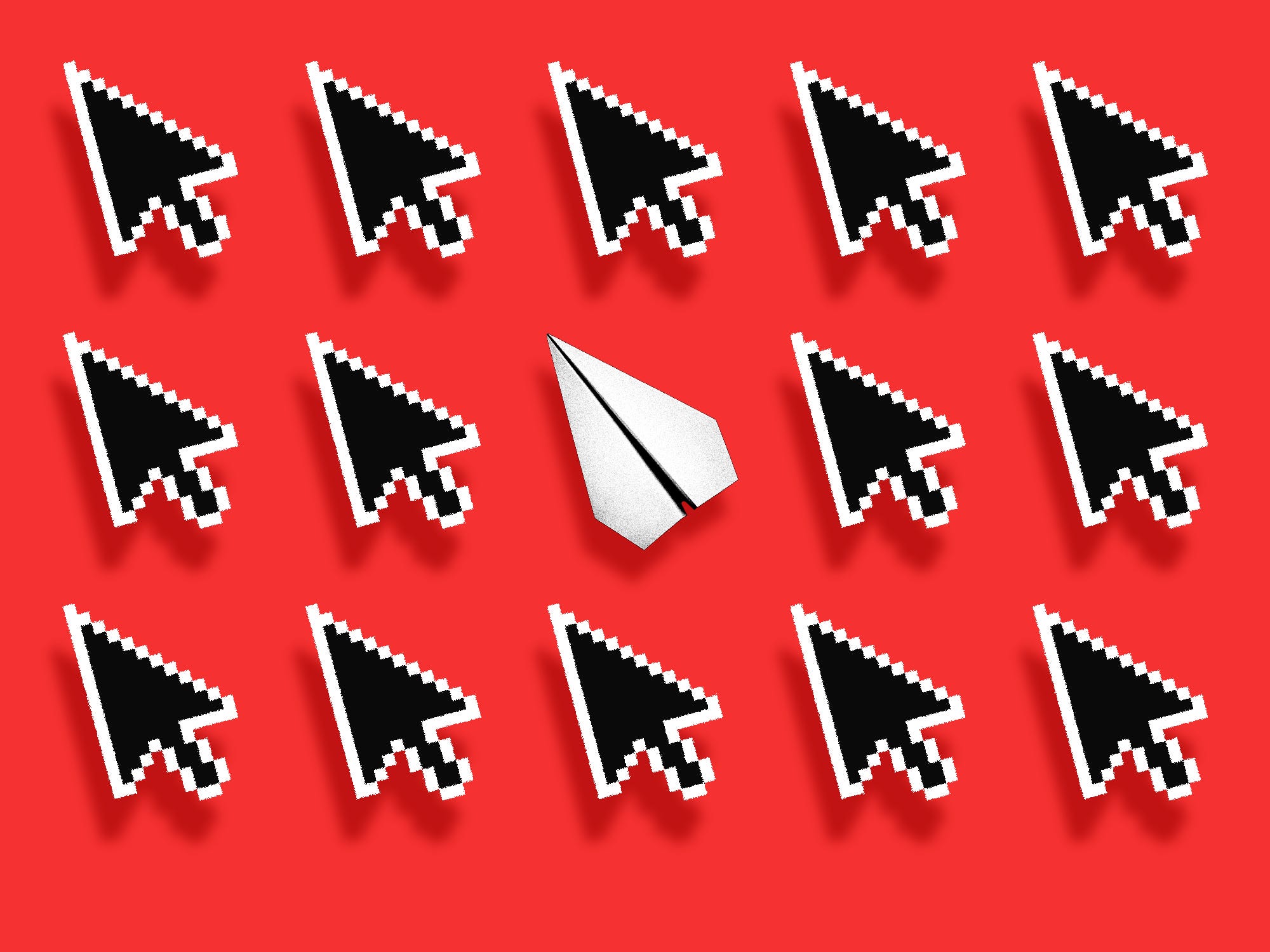 A paper plane surrounded by computer cursors