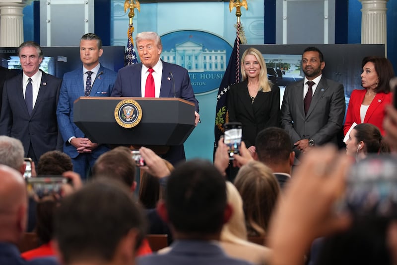 U.S. President Donald Trump delivers remarks during a press conference in the James S. Brady Press Briefing Room