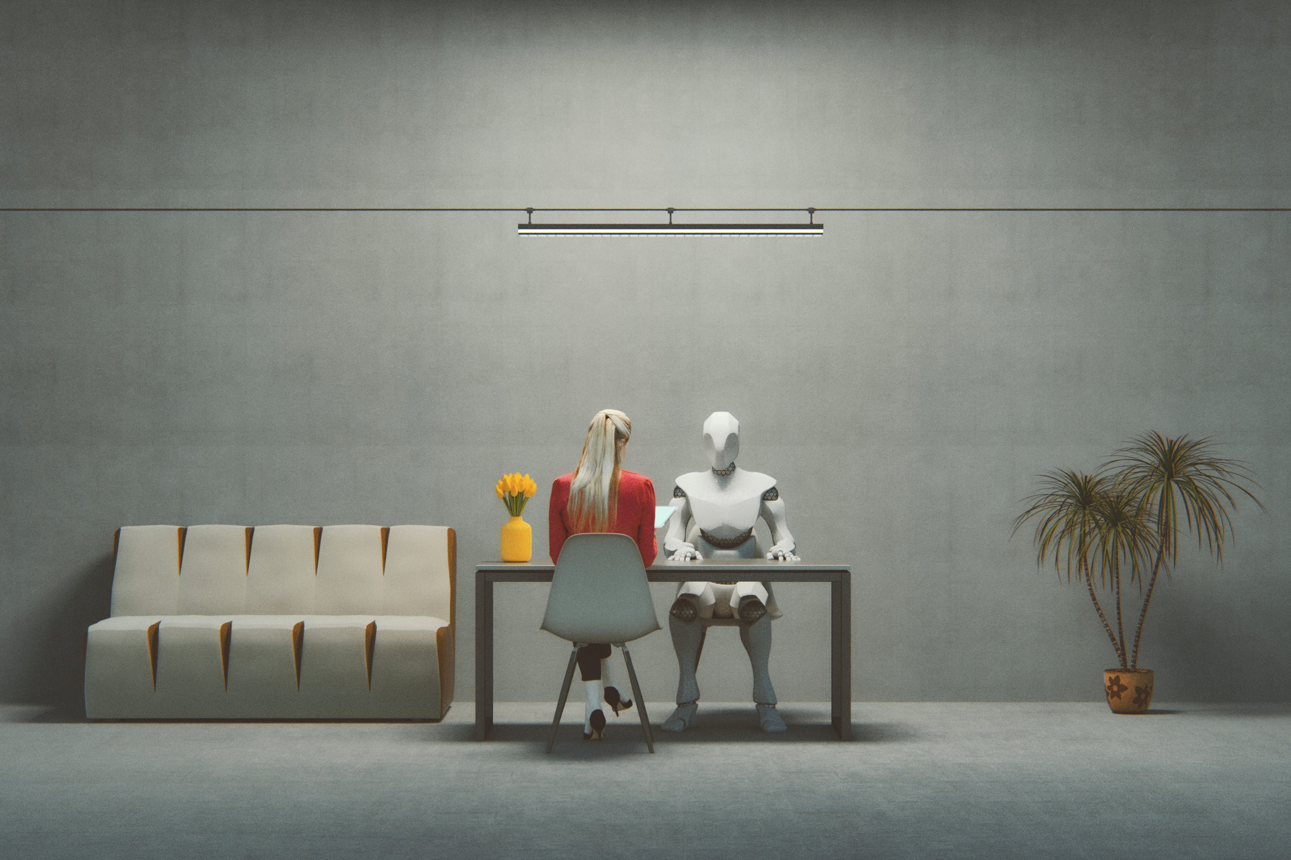 Job interview with futuristic cyborg. 3D generated image.