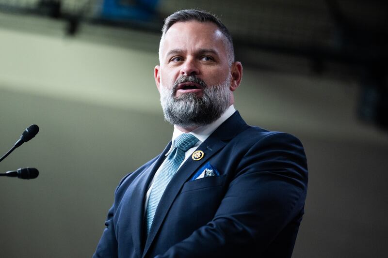 Rep. Cory Mills, R-Fla., speaks during a news conference in the Capitol Visitor Center on Tuesday, February 6, 2024.