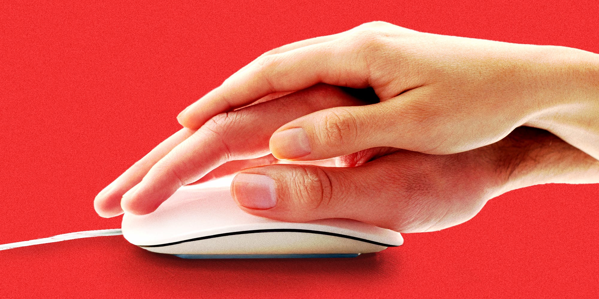 Couples' hands on top of a computer mouse.