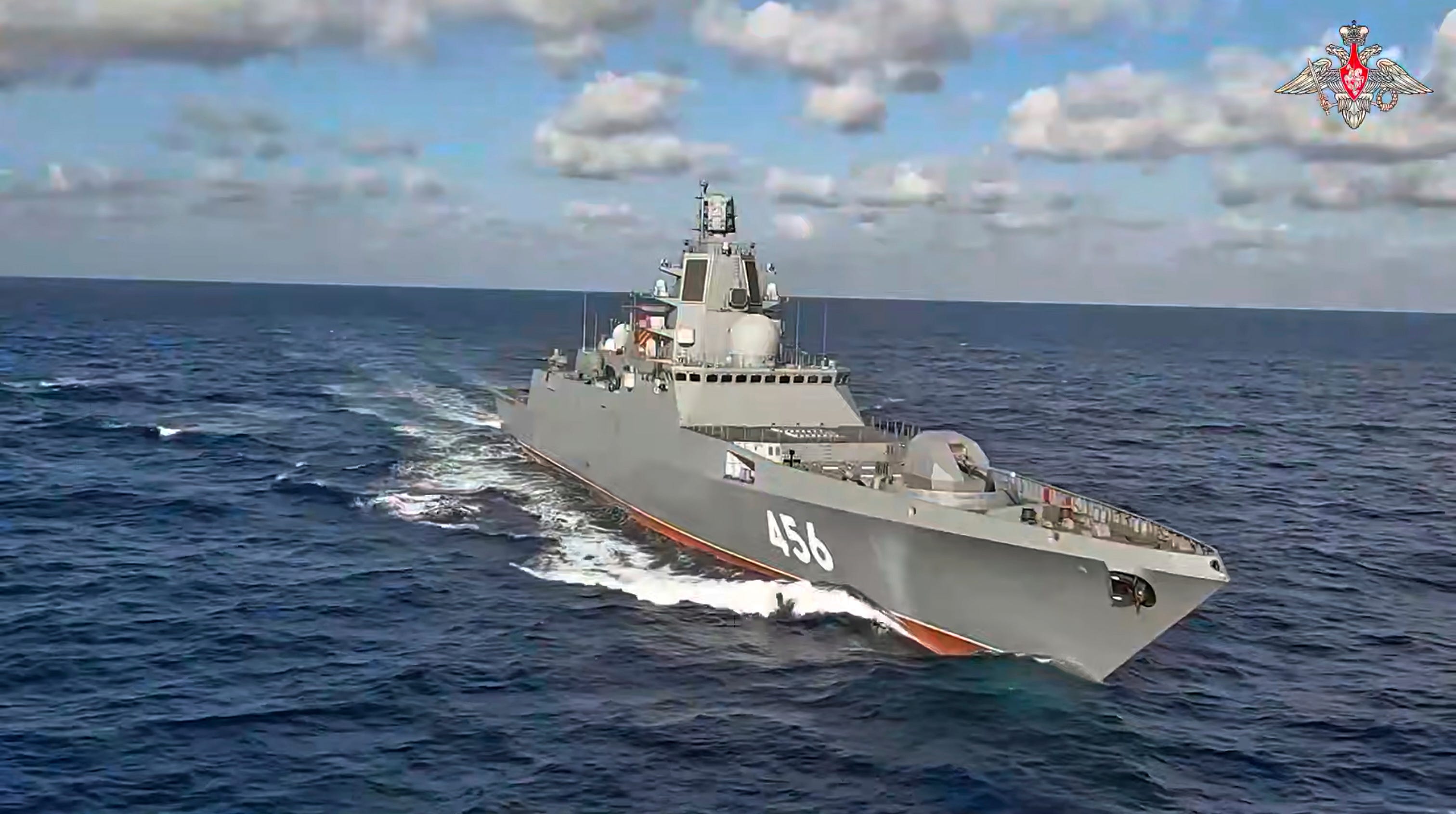 In this photo taken from video distributed by Russian Defense Ministry Press Service on Monday, April 14, 2025, the Admiral Golovko frigate of the Russian navy is seen during joint Russian Egyptian drills in the Mediterranean Sea.