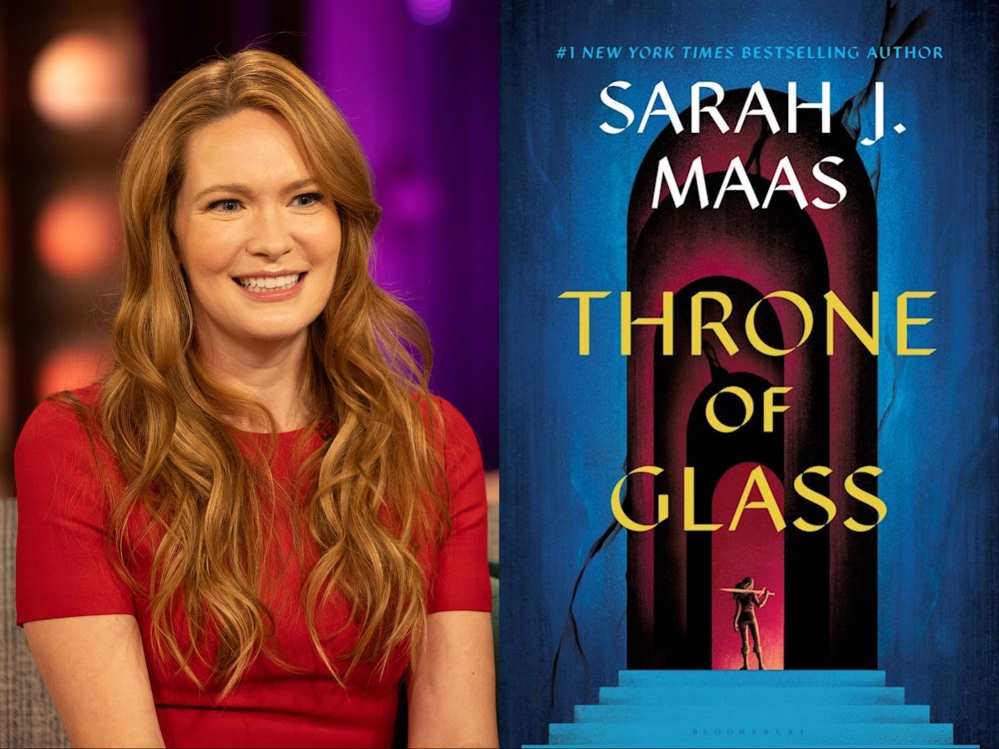 A side-by-side of Sarah J. Maas and the cover of "Throne of Glass."