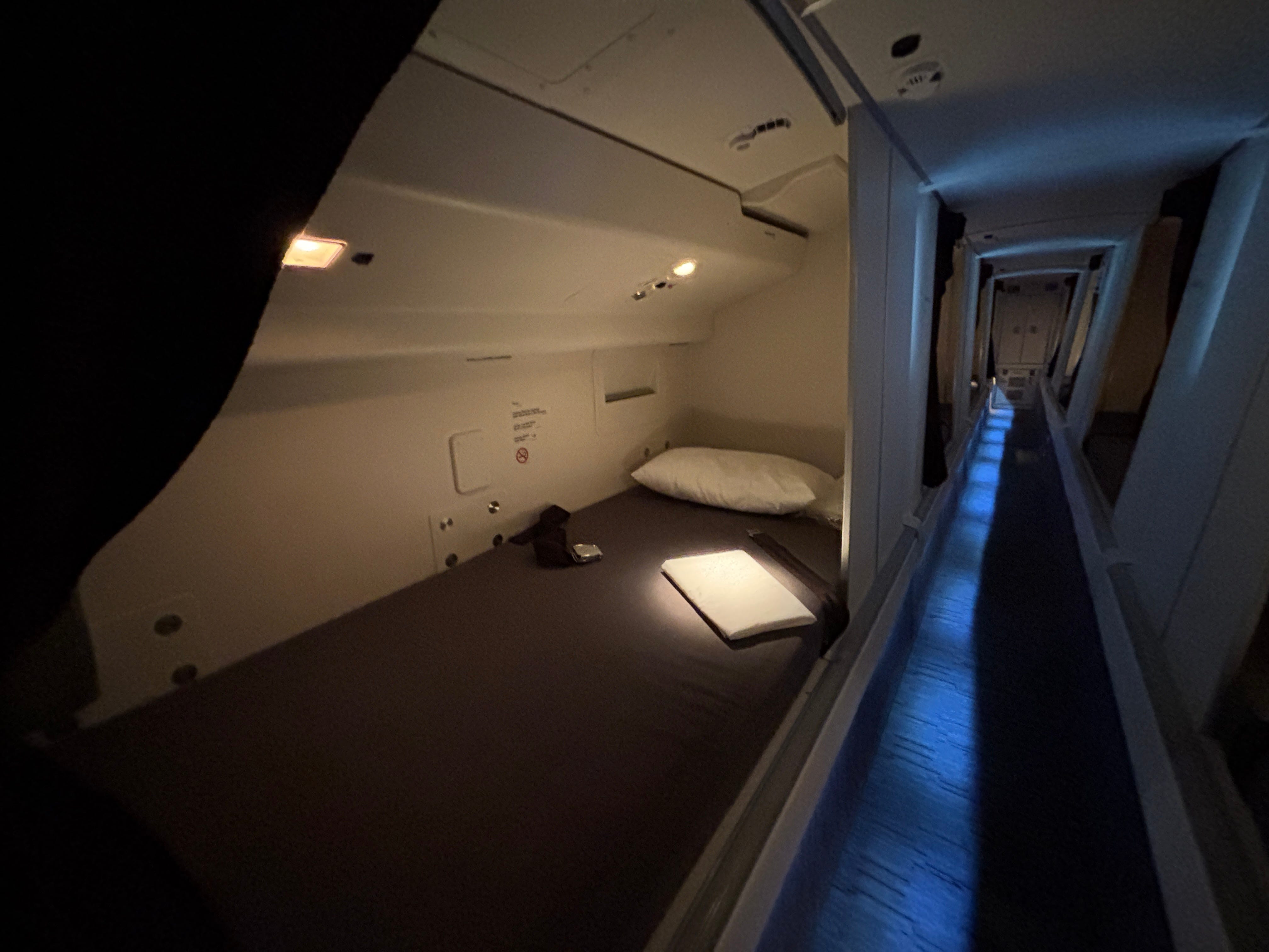 A bed in the crew rest area on a Boeing 777-300ER