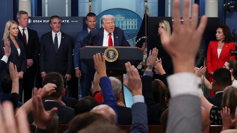 U.S. President Donald Trump speaks to the press about deploying federal law enforcement agents in Washington to bolster the local police presence, in the Press Briefing Room at the White House, in Washington D.C., U.S., August 11, 2025.