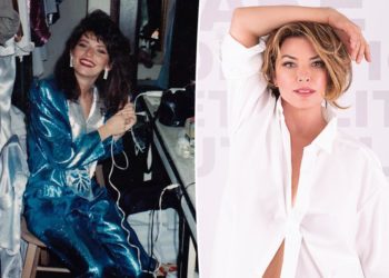 Shania Twain celebrates her 60th birthday in a white button-up shirt and black undies