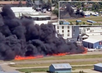 Small plane crashes and hits several parked aircraft, sparking massive fireball