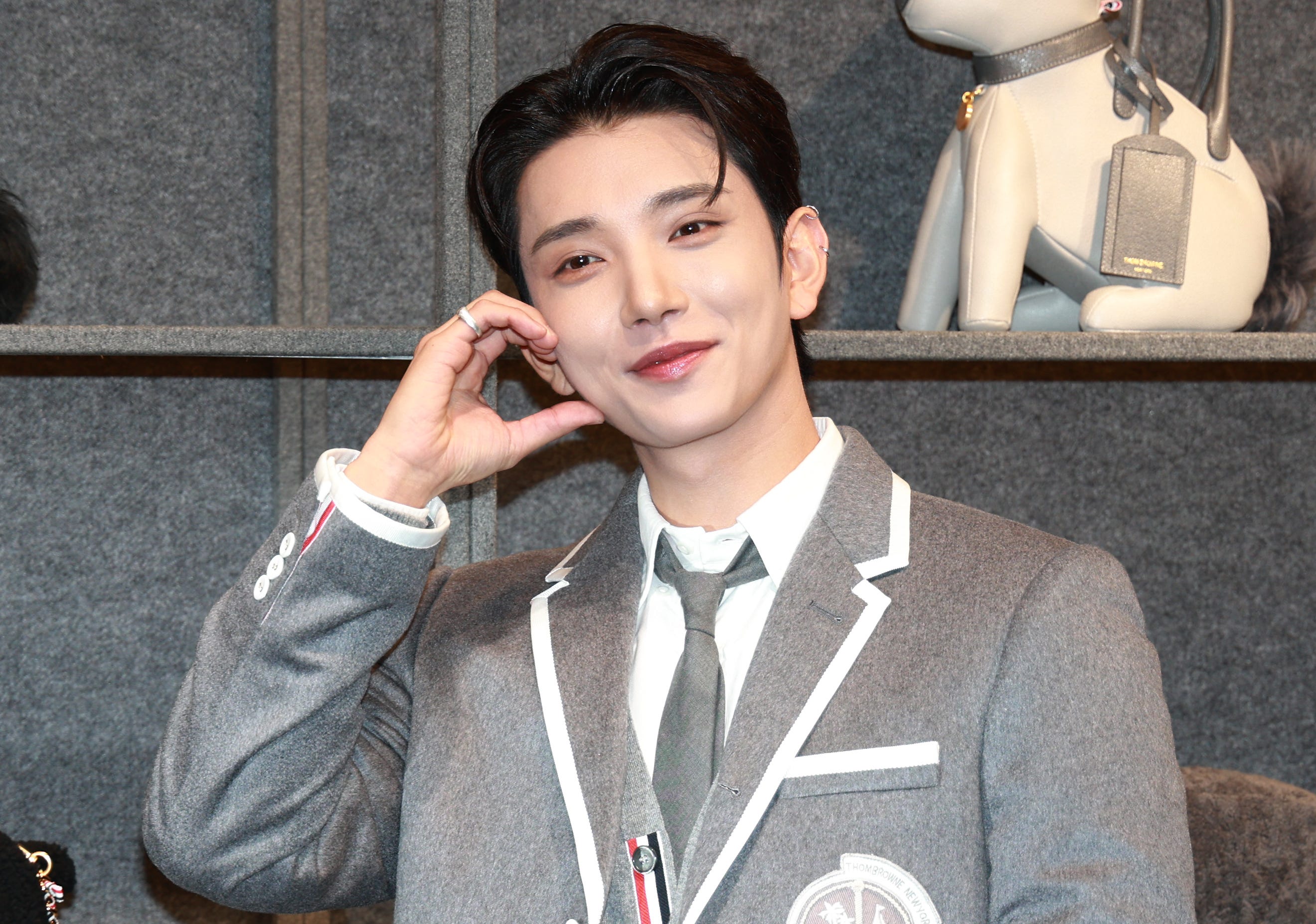 Joshua of SEVENTEEN attends Thom Browne pop-up store 'THE WORDL OF GREY' at Stage 35 in Seongdong-gu on September 26, 2024 in Seoul, South Korea.