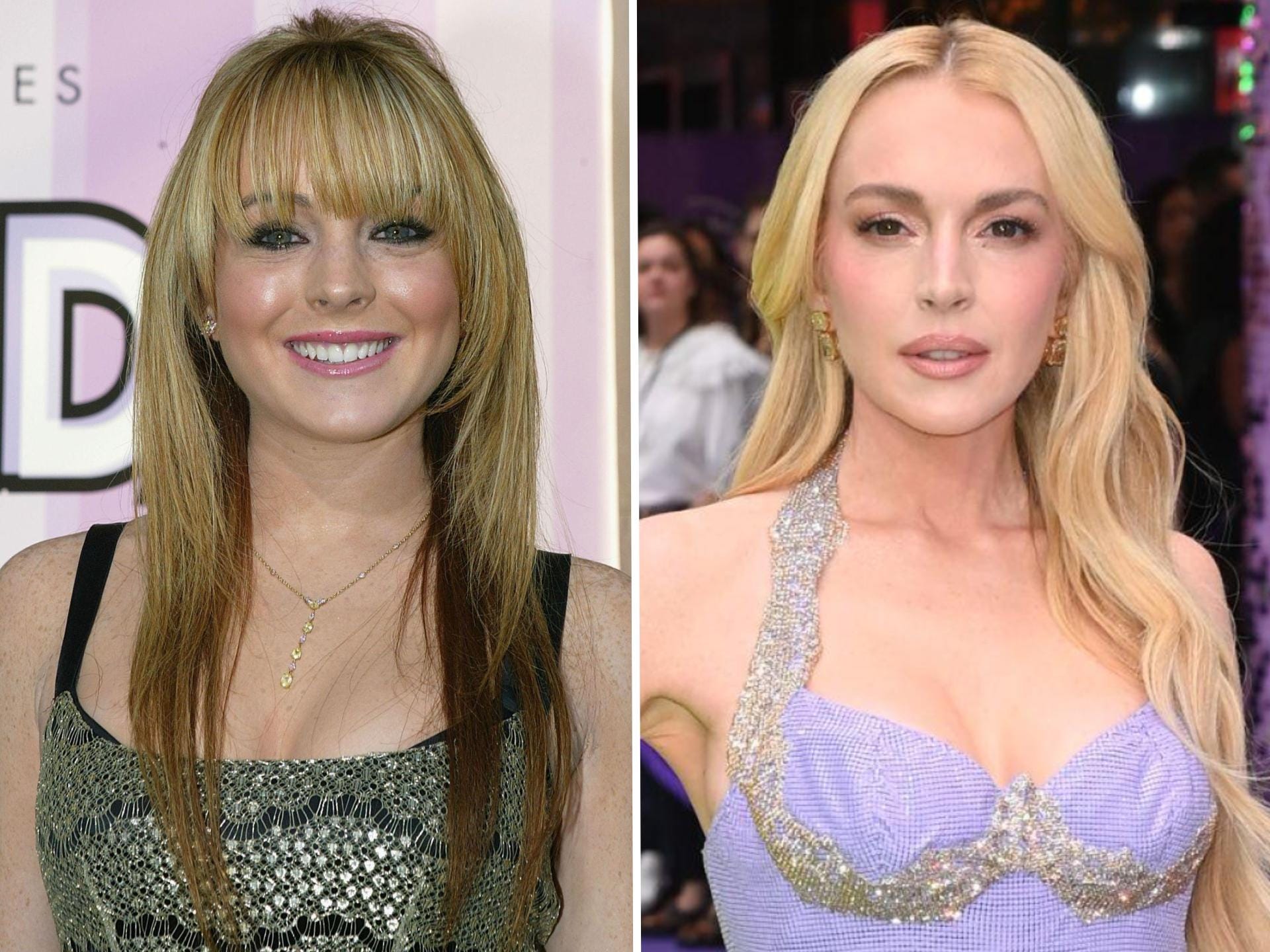 A composite image of Lindsay Lohan at the premieres of "Freaky Friday" in 2003 and "Freakier Friday" in 2025.