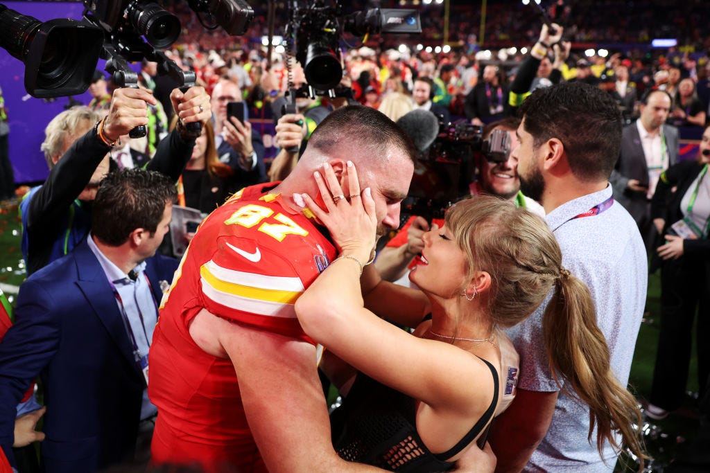 Taylor Swift and Travis Kelce at the Super Bowl.