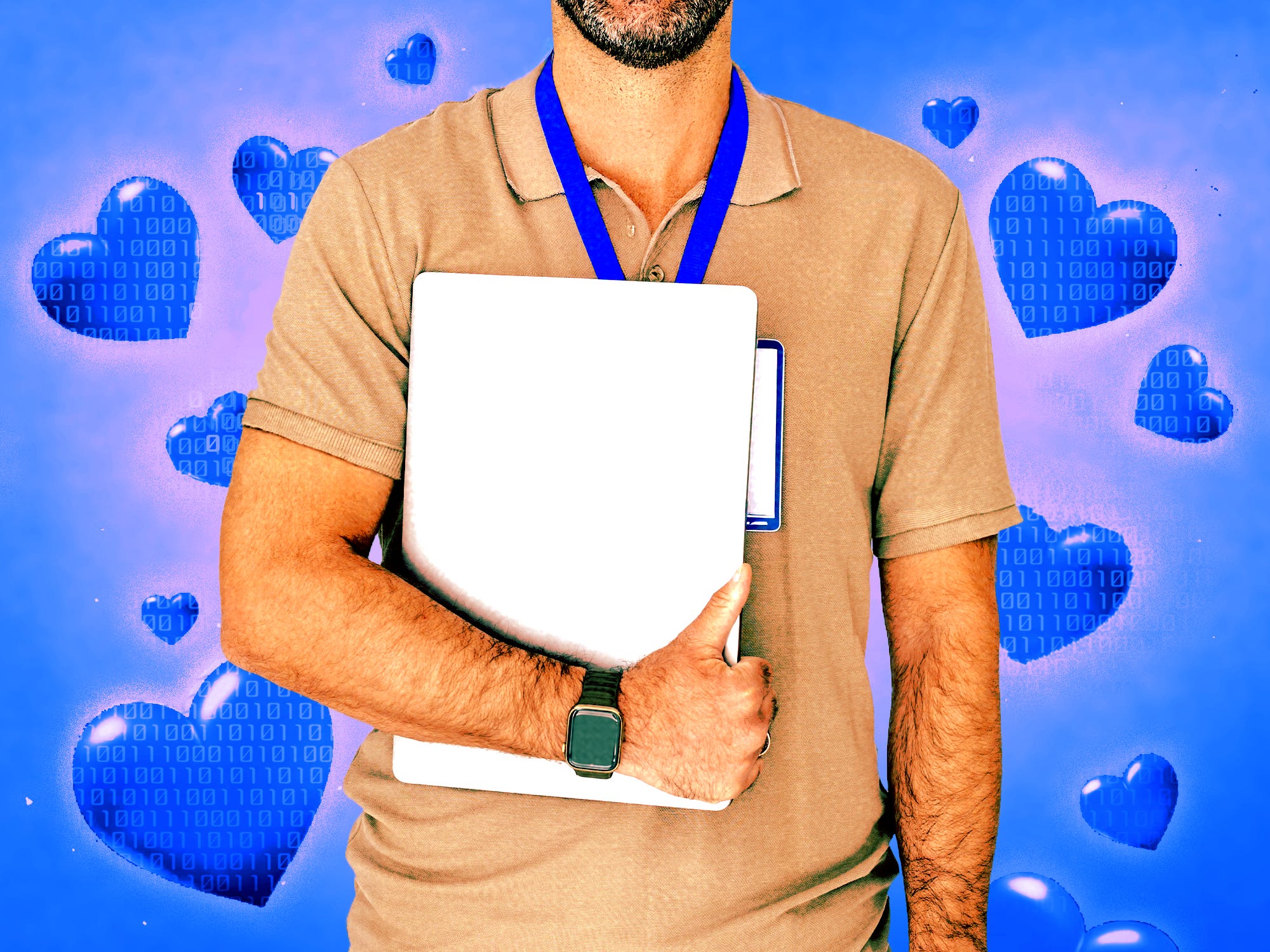 A man holding a laptop and wearing an ID badge surrounded by hearts with AI Binary Code.