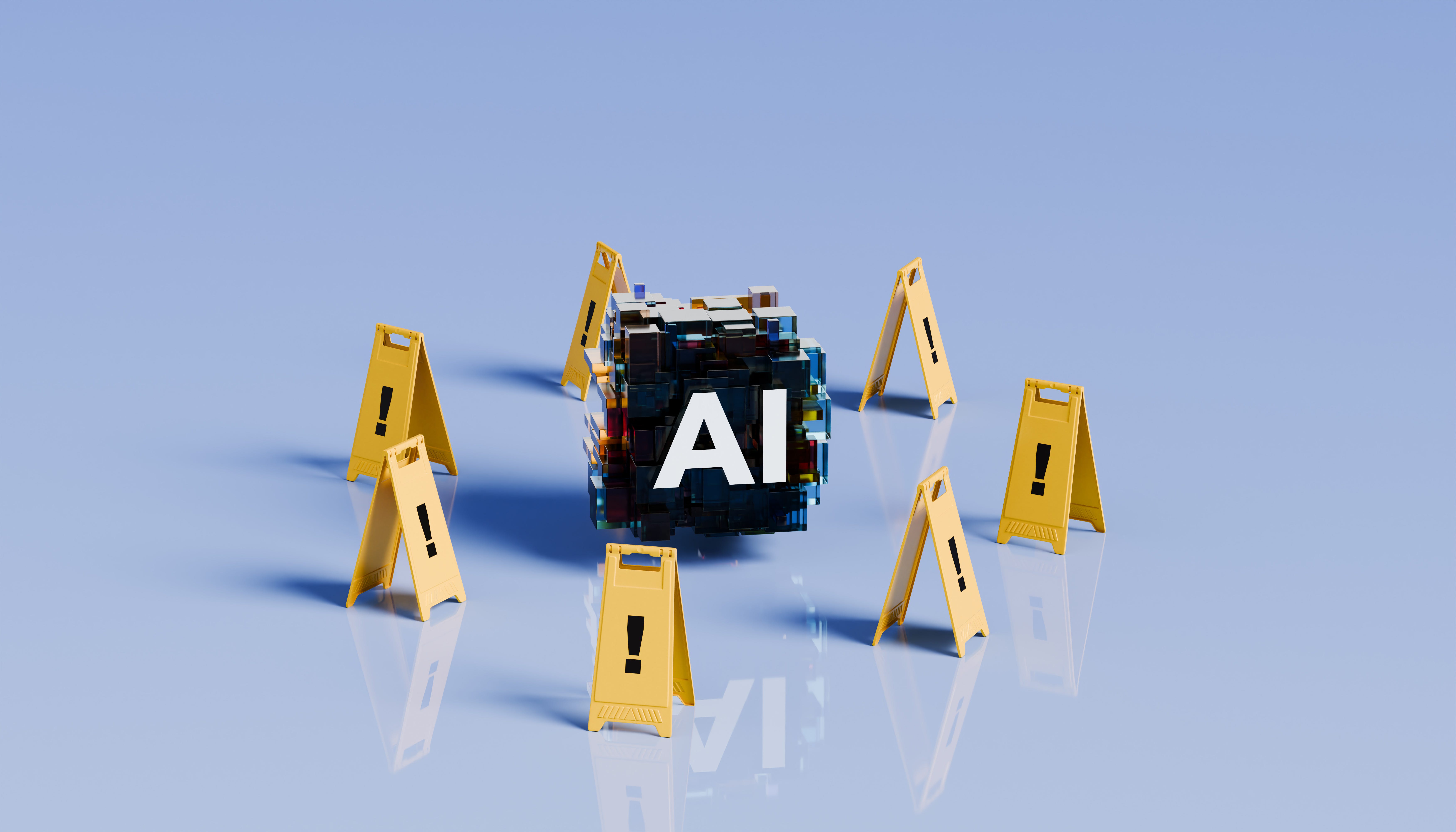 A creative image of AI surrounded by yellow foldable warning signs.