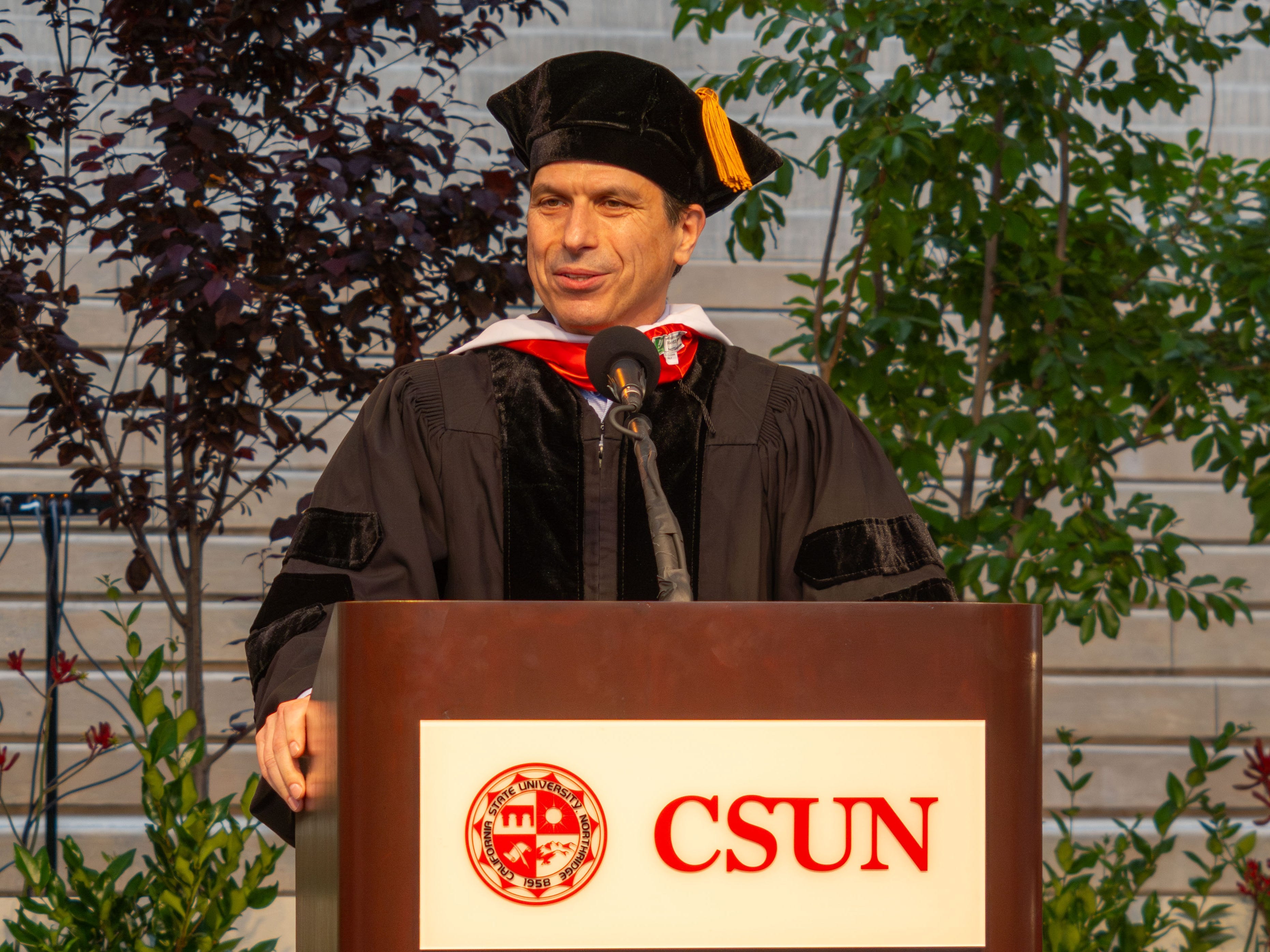 Andrew Anagnost giving the commencement speech at California State University, Northridge.