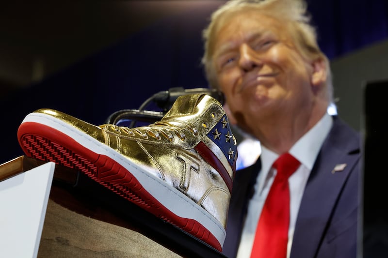 Donald Trump delivers remarks while introducing a new line of signature shoes at Sneaker Con at the Philadelphia Convention Center on February 17, 2024 in Philadelphia, Pennsylvania