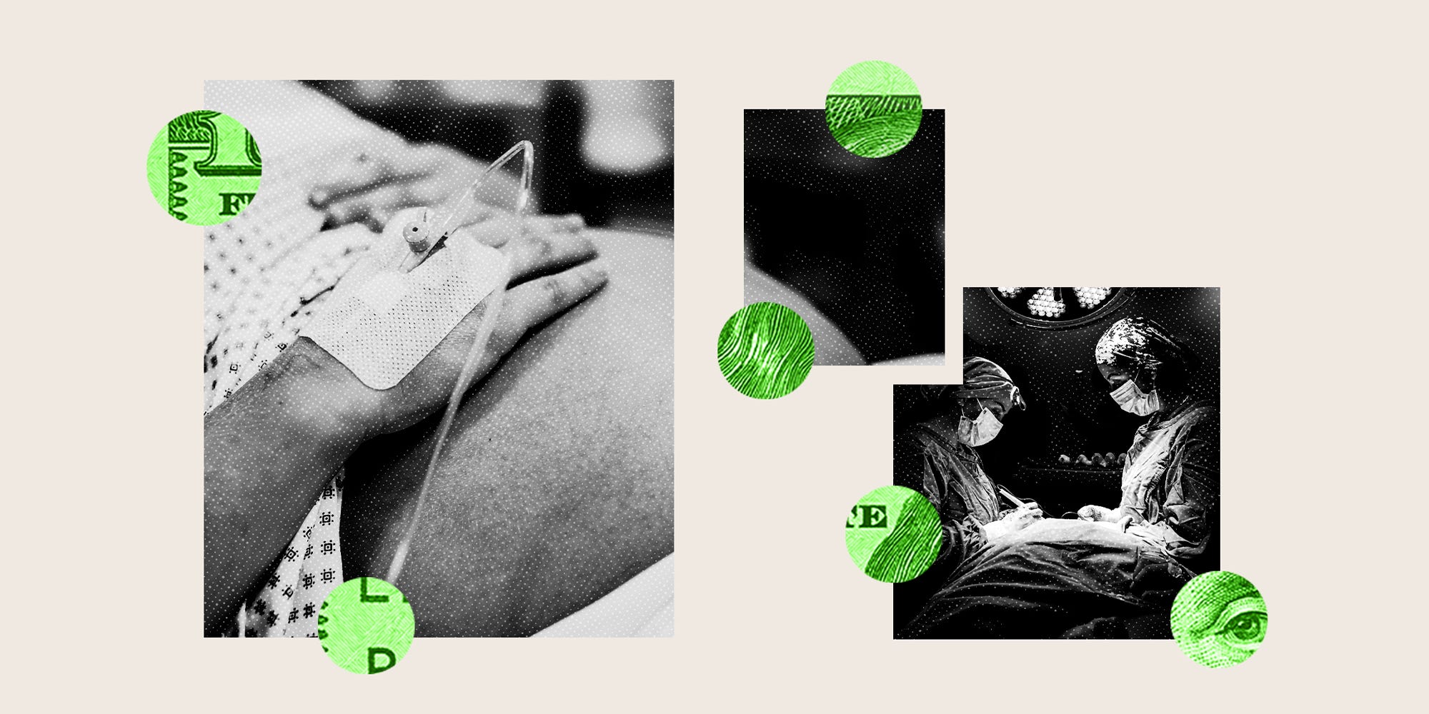 Photo collage featuring a close-up of a pregnant woman's belly, and a photo of two female surgeons performing a caesarean section in the operating room.