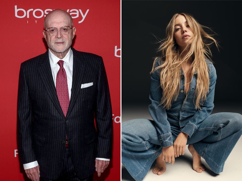 (Composite image) CEO of the Alex Mill clothing brand Mickey Drexler attends the Accessories Council 27th annual ACE Awards in 2023. Sydney Sweeney stars in American Eagle's latest campaign. Courtesy of American Eagle.