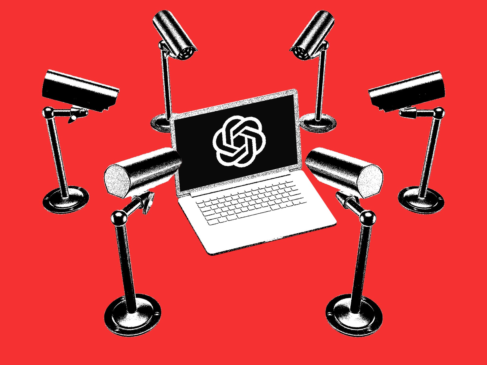 A photo illustration of surveillance cameras watching a laptop