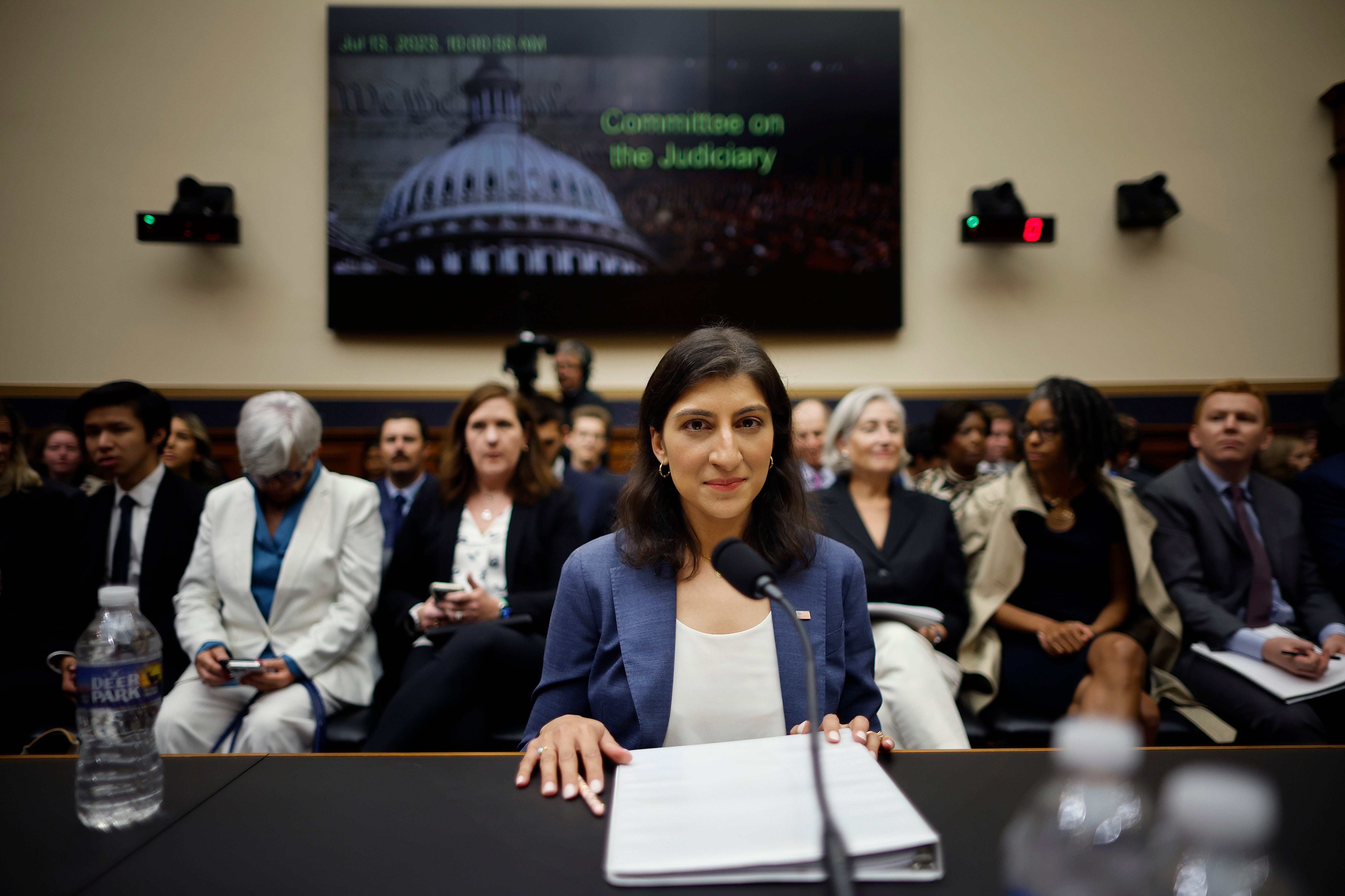 Federal Trade Commission Chair Lina Khan prepares to testify before the House Judiciary Committee in the Rayburn House Office Building on Capitol Hill on July 13, 2023 in Washington, DC. The