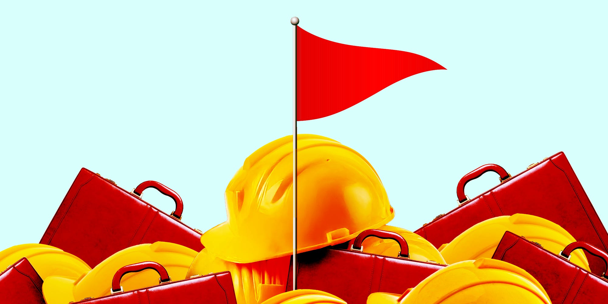 Red flag stands upright in a pile of yellow construction helmets and briefcases.