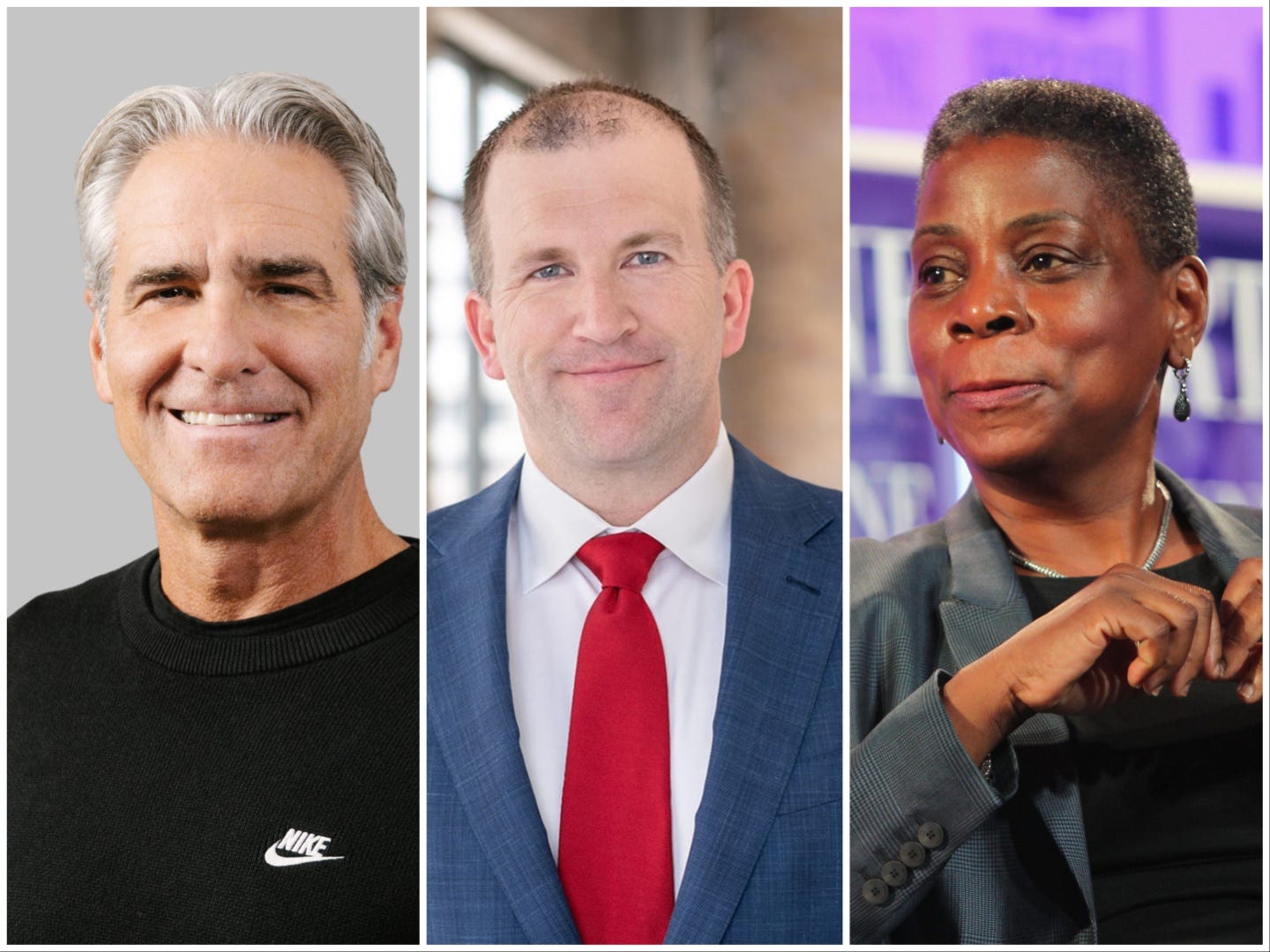 composite image of Elliott Hill, Michael Fiddelke, and Ursula Burns