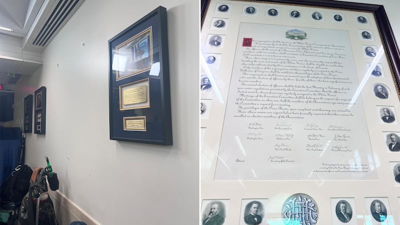 This is the large framed image (right) which plunged from the wall of the Brady Briefing Room, leaving a gaping hole (left) in the latest example of White House decay.