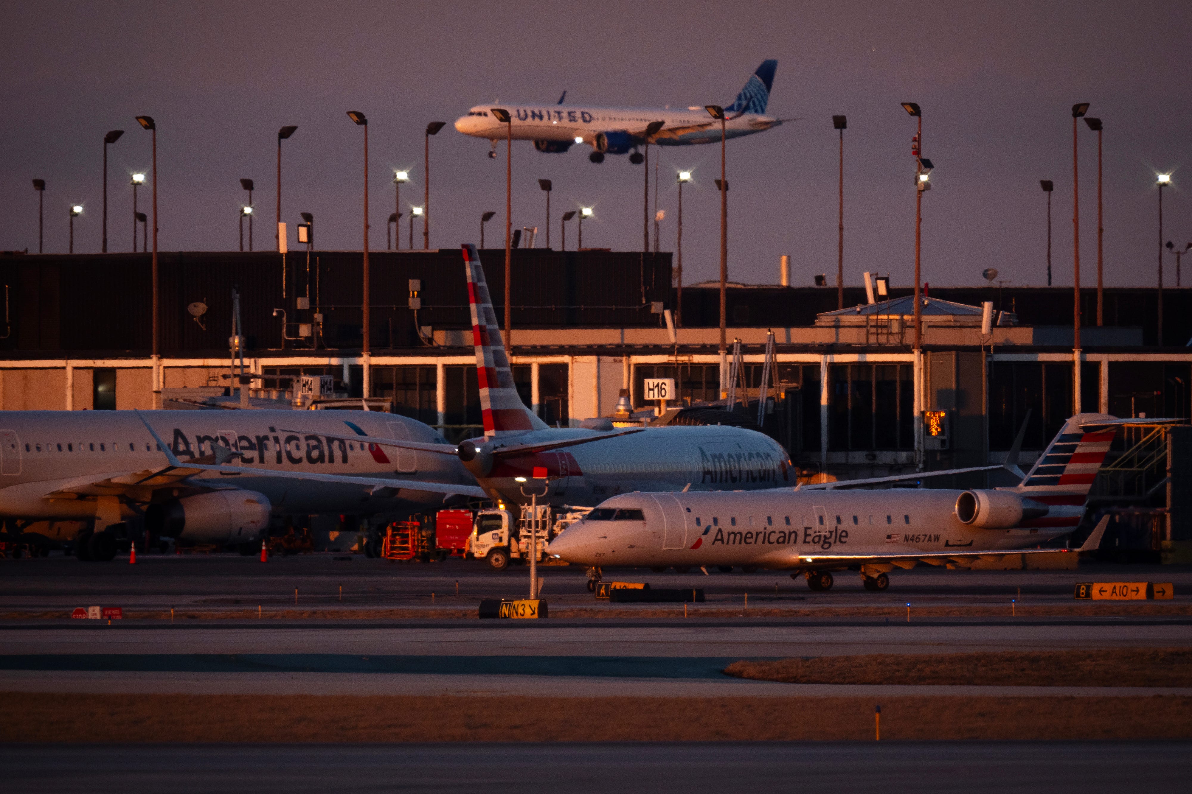 Jets arrive and depart at O'Hare International Airport on Jan. 29, 2025.