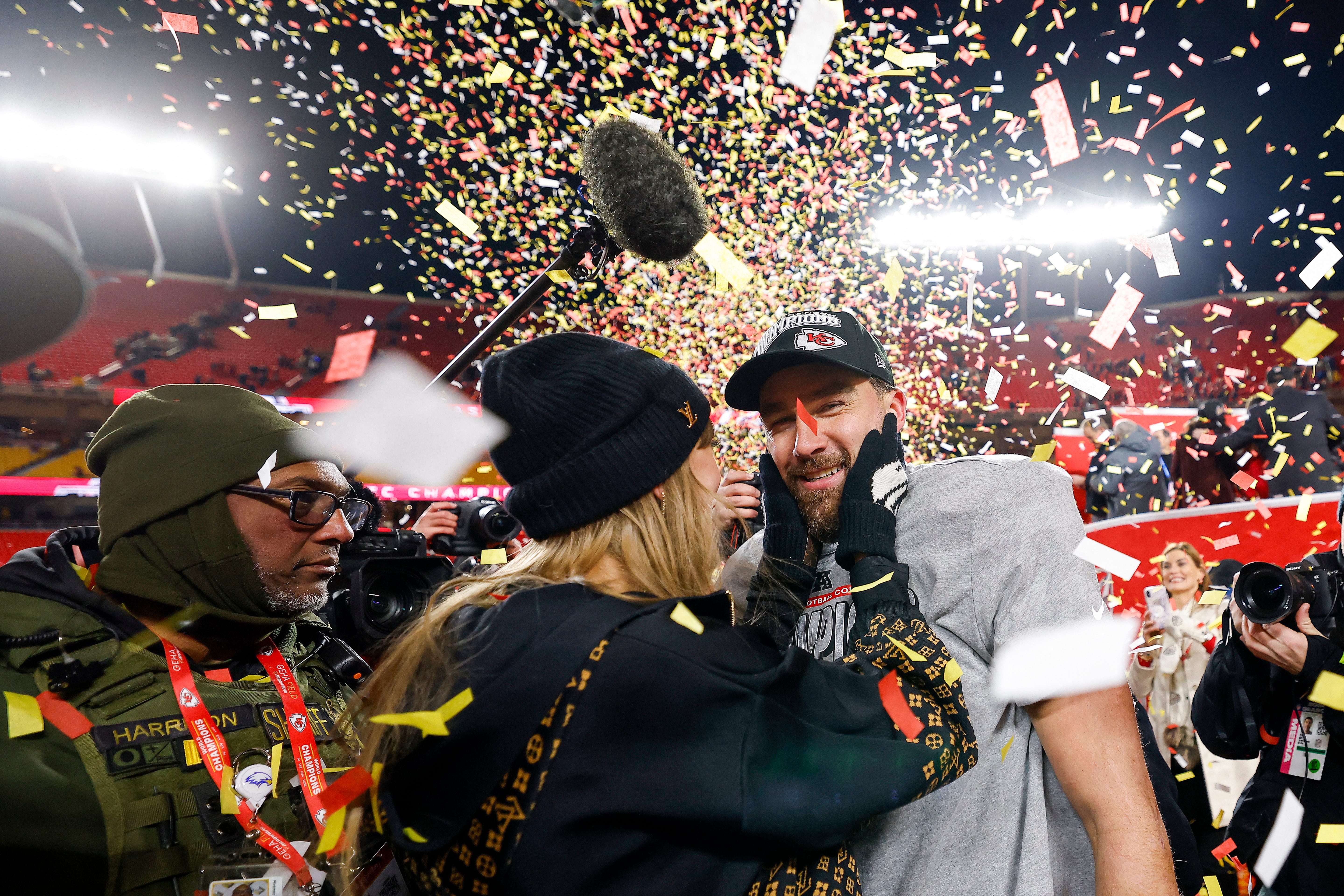 Taylor Swift and Travis Kelce celebrate after the 2025 AFC Championship Game.