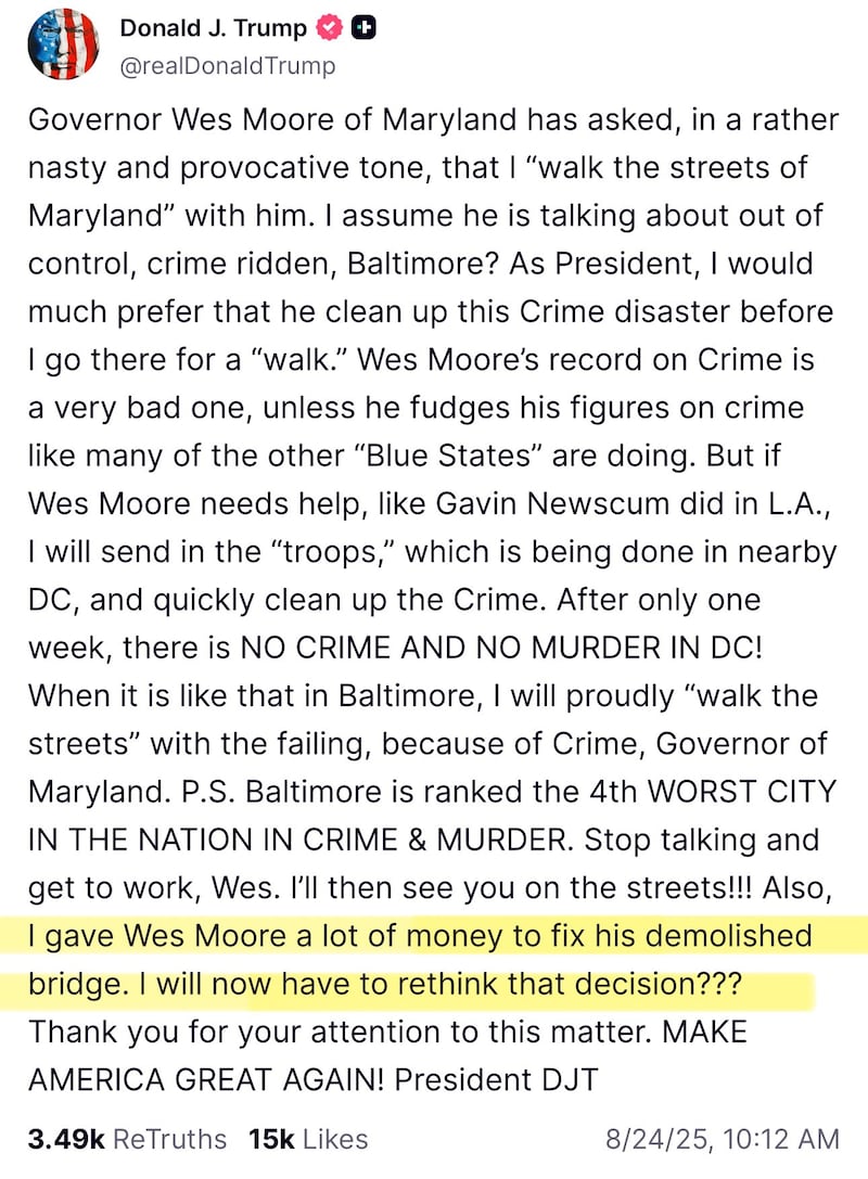 Trump attacked Wes Moore and his 'crime disaster' city after being invited to visit.