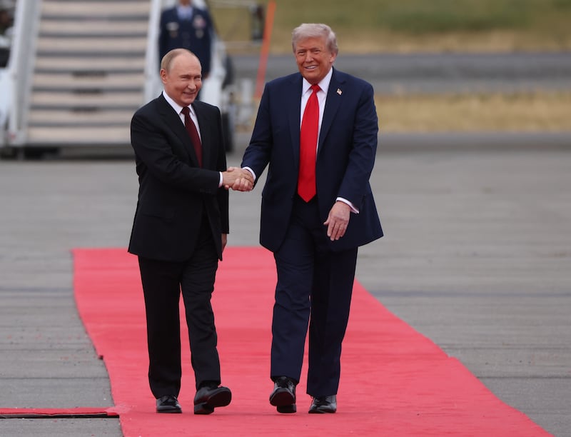 ANCHORAGE, ALASKA - AUGUST 15: (RUSSIA OUT) U.S. President Donald Trump and Russian President Vladimir Putin meet for their summit on the war in Ukraine, at U.S. Air Base on August 15, 2025, in Anchorage, Alaska, United States. Putin is having a one-day trip to Alaska. (Photo by Contributor/Getty Images)