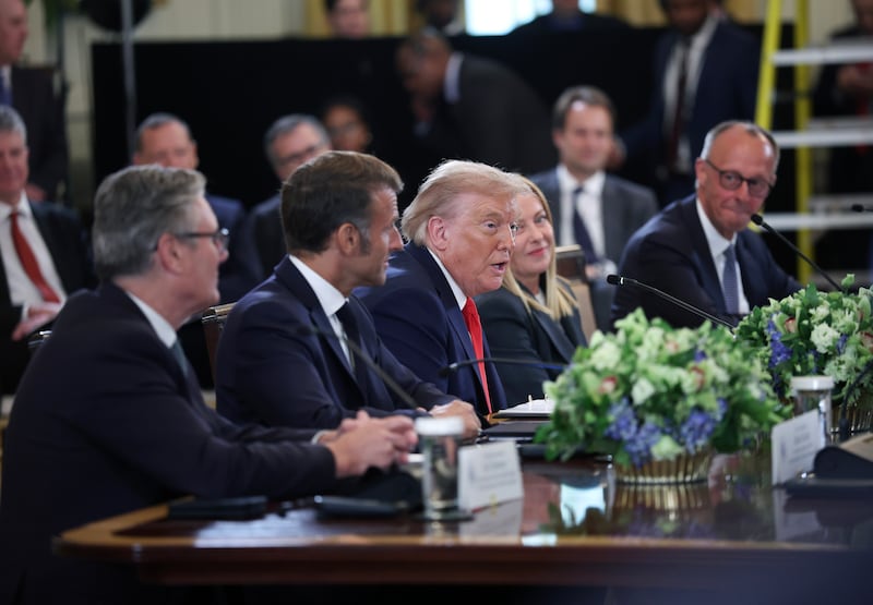 U.S. President Donald Trump hosts a meeting with Ukrainian President Volodymyr Zelensky and European leaders including British Prime Minister Keir Starmer (L), French President Emmanuel Macron (2nd from L), Italian Prime Minister Giorgia Meloni ( 2nd from R) and German Chancellor Friedrich Merz (R) at the White House on August 18, 2025 in Washington, DC