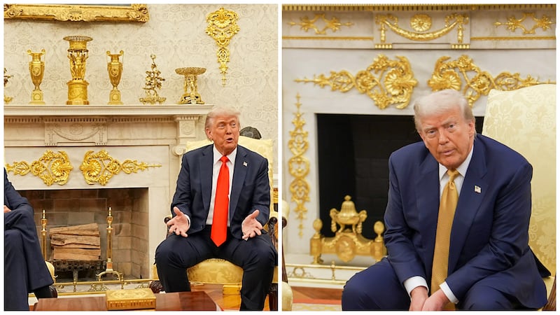 Additional gold trim was added above the Oval Office’s fireplace between President Donald Trump’s meeting with the German chancellor in June (left) and his meeting with Filipino President Ferdinand Marcos Jr. on July 22 (right).