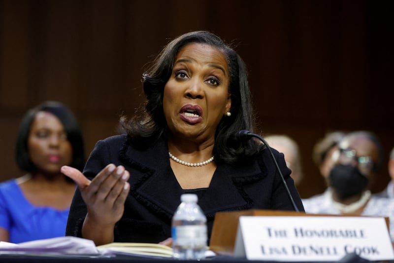 Lisa Cook testifies before a Senate Banking Committee hearing on her nomination to be a member of the Federal Reserve Board of Governors (for a second term), on Capitol Hill in Washington, U.S., June 21, 2023. REUTERS/Jonathan Ernst/File Photo