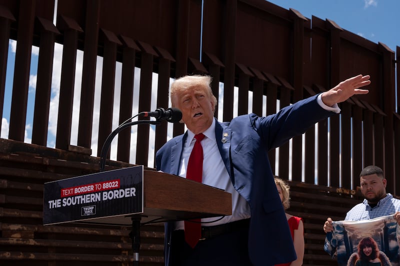 Donald Trump speaks at the U.S.-Mexico border on August 22, 2024 south of Sierra Vista, Arizona.