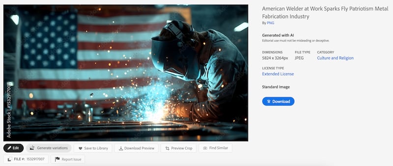 Screenshot of an AI generated image of a welder in front of an American flag from Adobe Stock Images
